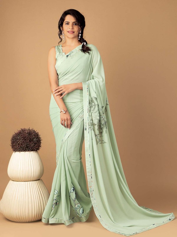 Pista Green Fancy Dyed Digital Print Saree